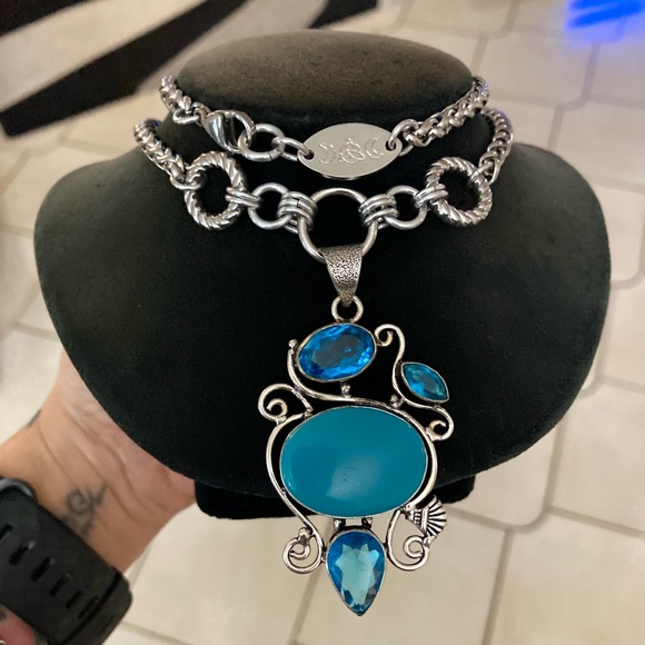 Blue topaz & blue agate turquoise color gemstone maille handmade boho necklace - Picture 14 of 15